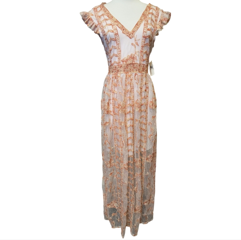 Altar'd State Cream Pleated Maxi Sundress with Flutter Sleeves